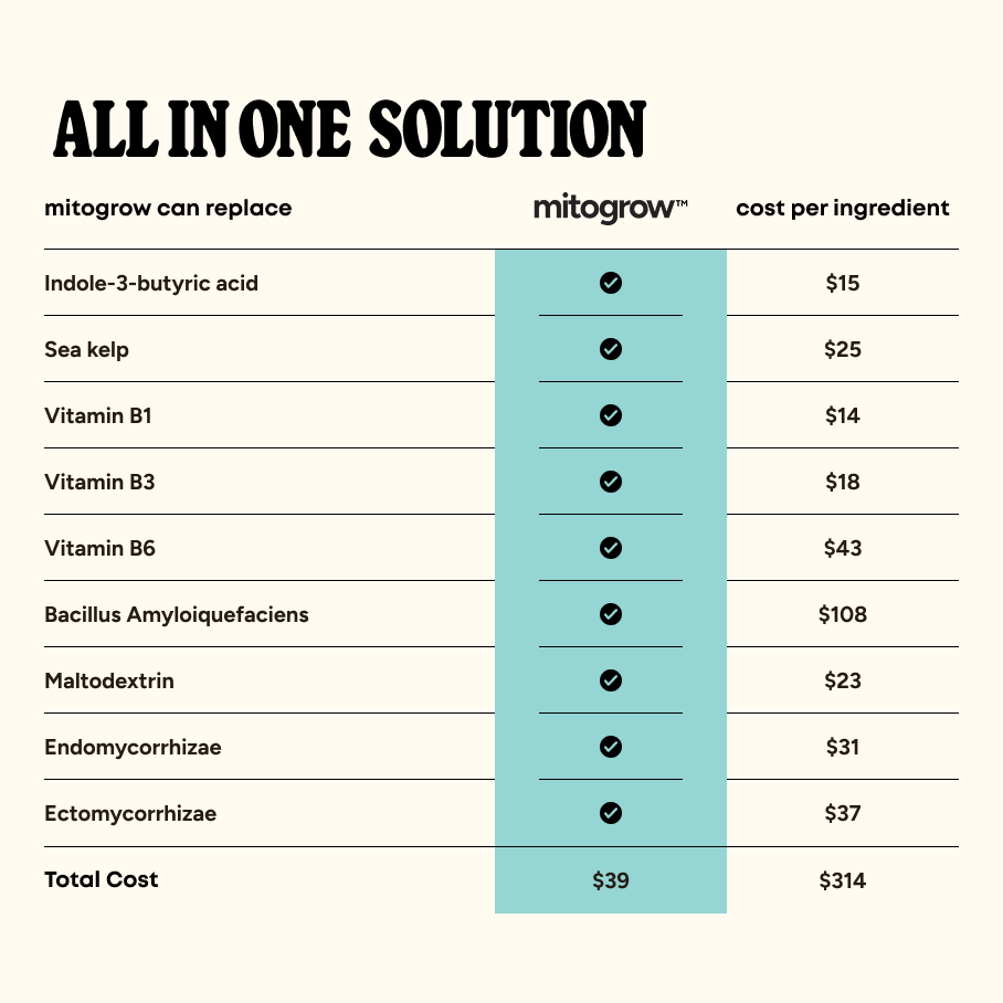 Bloom & Bed outdoor fertilizer by MitoGrow with turquoise all-in-one ingredients checklist on Tampa Home & Garden Store