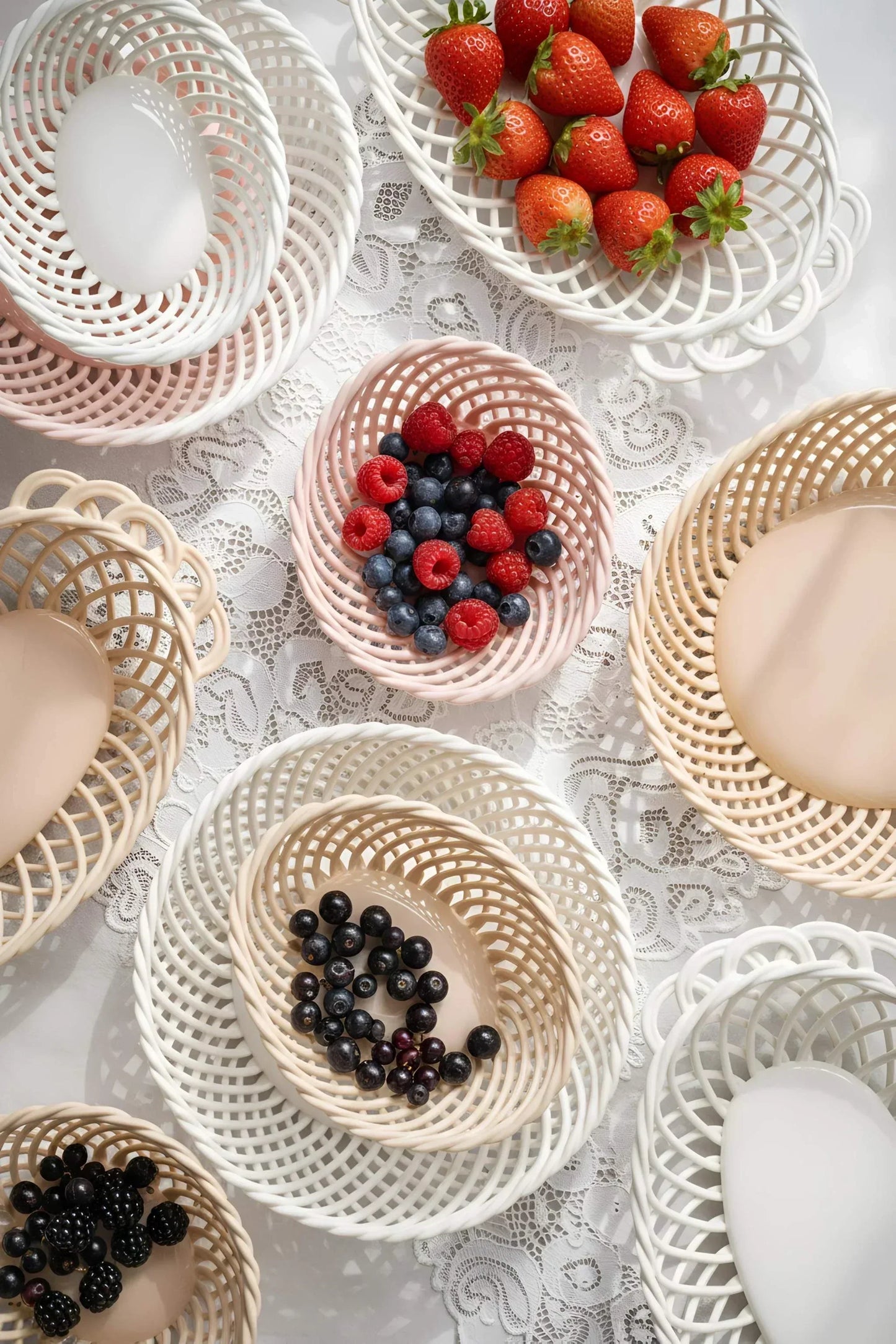 Hand Woven Ceramic Basket in Beige and Pink