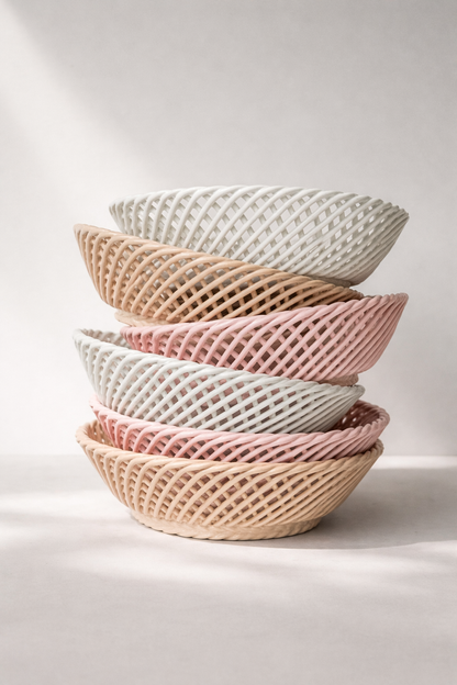 Hand Woven Ceramic Basket in Beige and Pink