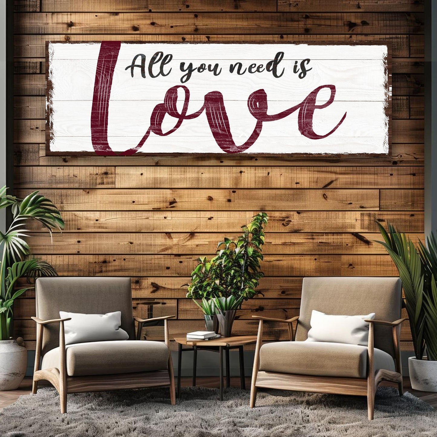 All You Need Is Love Sign canvas by Tailored Canvases with white distressed panel and burgundy script on Tampa Home & Garden Store