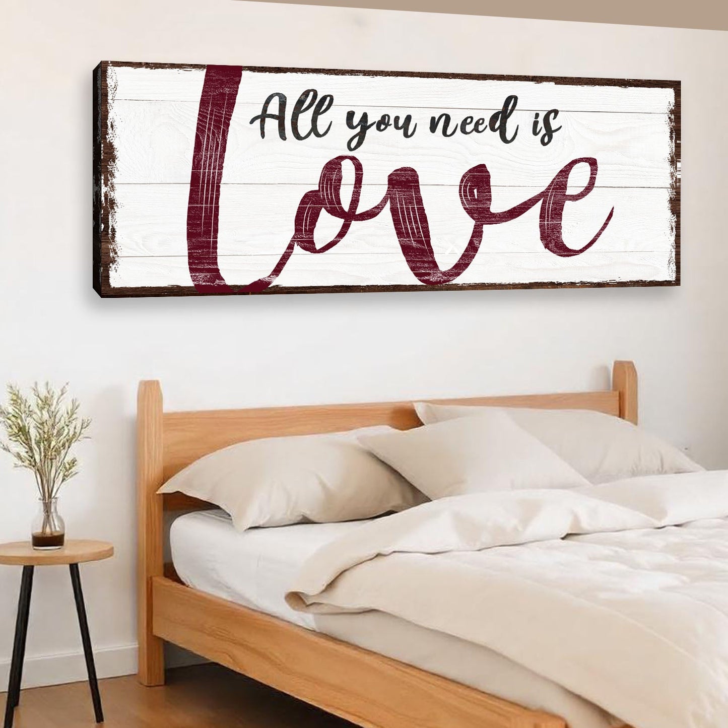 All You Need Is Love canvas sign on white wood with burgundy script Tailored Canvases on Tampa Home & Garden Store