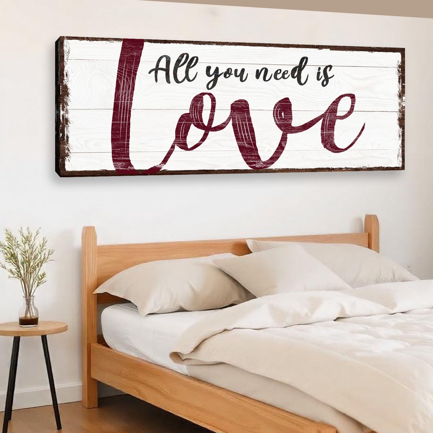 All You Need Is Love canvas sign on white wood with burgundy script Tailored Canvases on Tampa Home & Garden Store