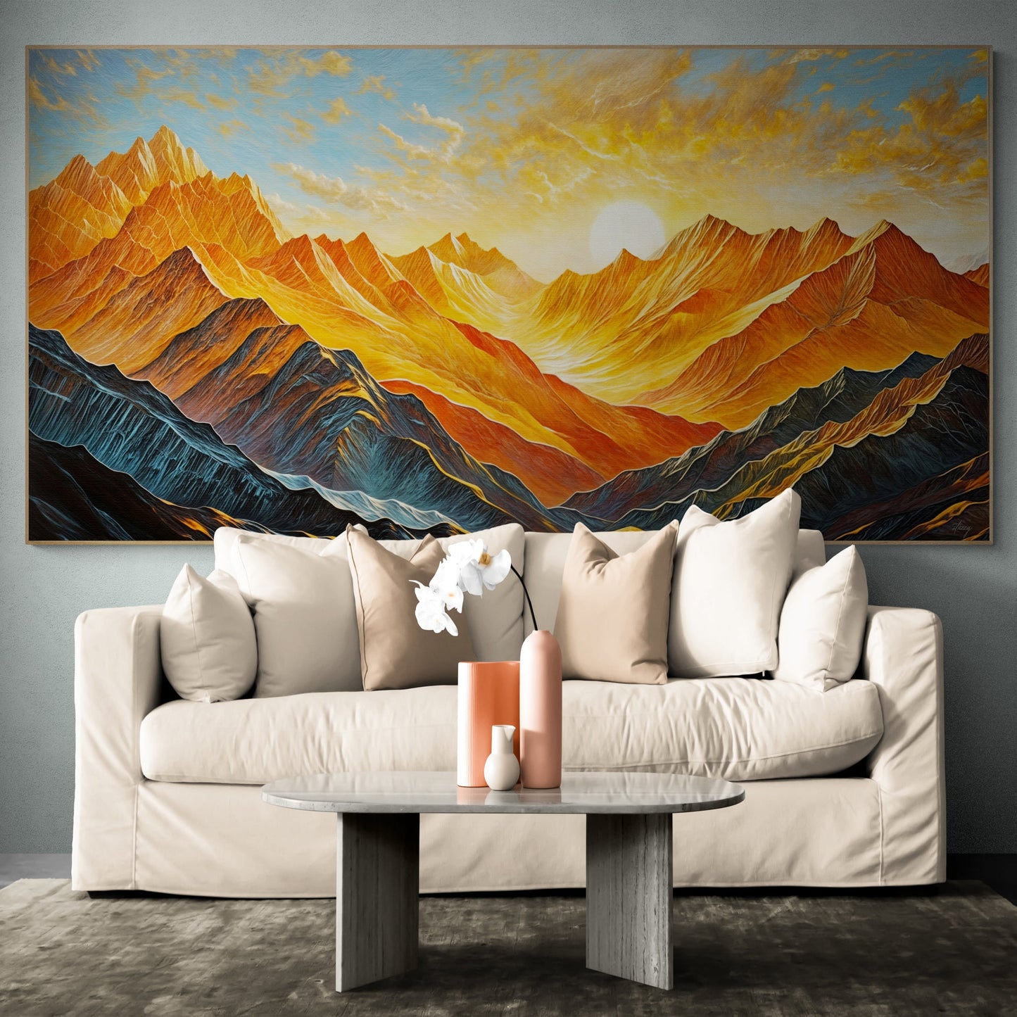 Canvas Print Alpenglow Majesty depicting sunlit orange mountains on crafting canvas on Tampa Home & Garden Store