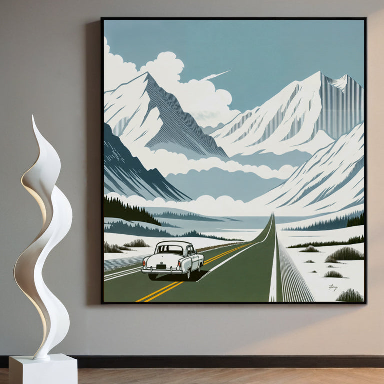 Canvas print Alpine Journey wall art with snowcapped mountains, winding road and vintage car on Tampa Home & Garden Store