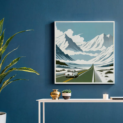 Canvas Print Alpine Journey with blue mountains, winding road, vintage car in white frame on Tampa Home & Garden Store