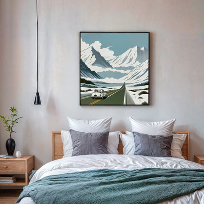 Canvas print Alpine Journey by Tailored Canvases, alpine mountains, winding road, vintage car on Tampa Home & Garden Store