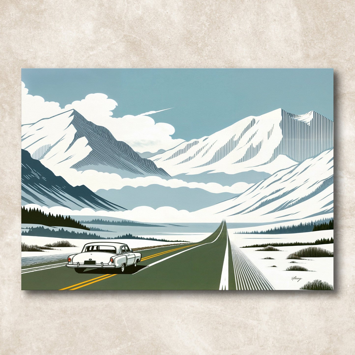 Canvas print Alpine Journey by Tailored Canvases showing snowy mountains and winding road on Tampa Home & Garden Store