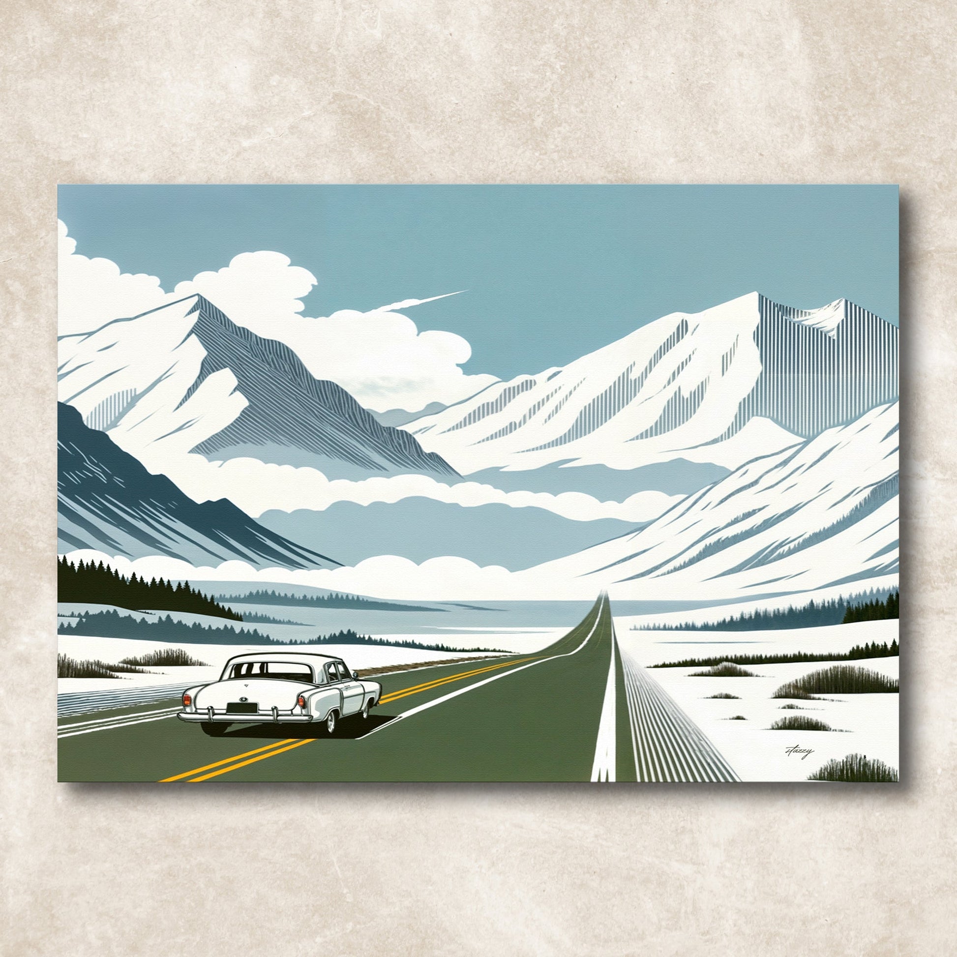 Canvas print Alpine Journey by Tailored Canvases showing snowy mountains and winding road on Tampa Home & Garden Store