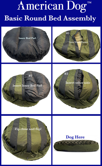 Round Armor dog bed by American Dog in olive green with inner/outer pads, assembly collage on Tampa Home & Garden Store