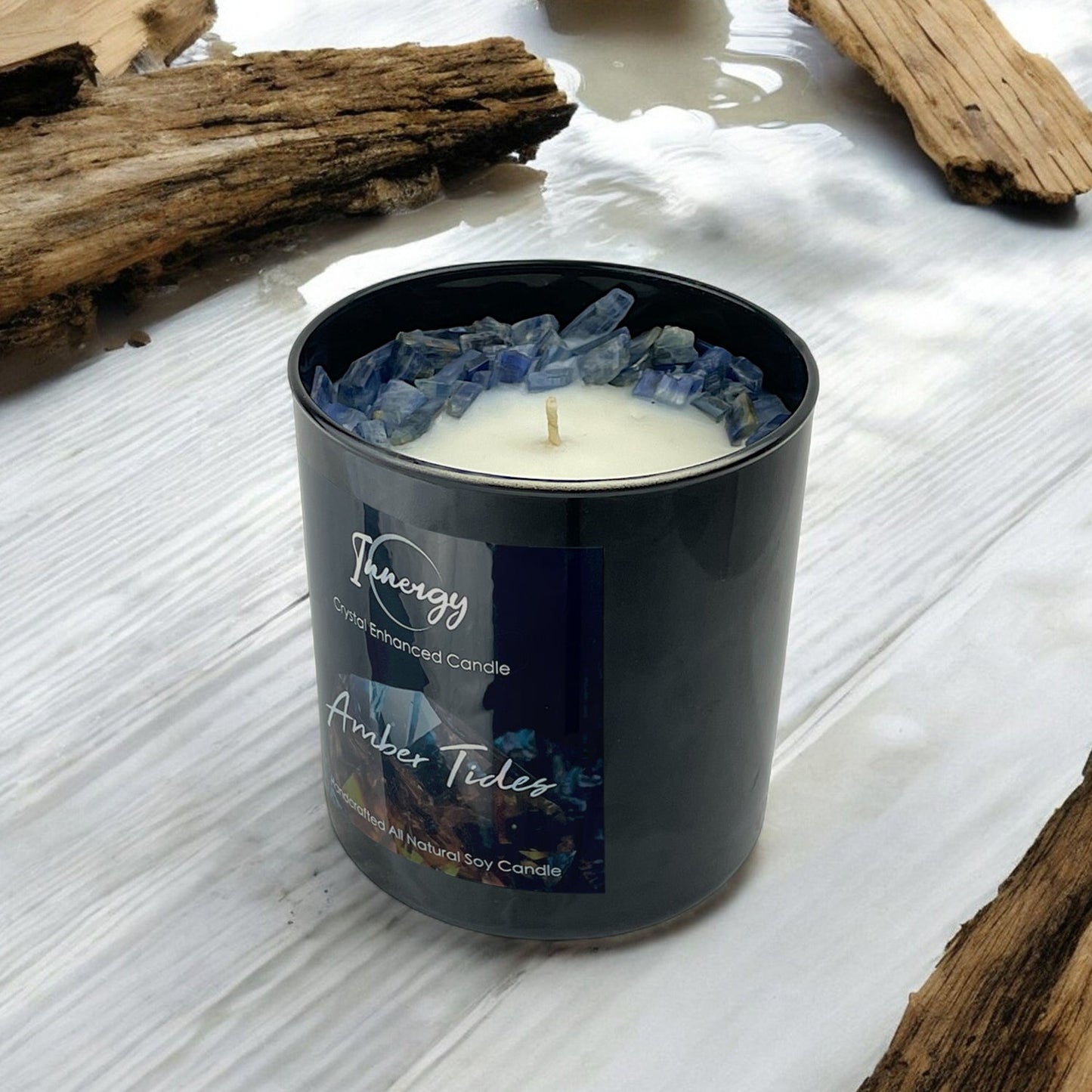 Amber Tides Crystal Candle with Kyanite | Coconut-Soy Wax Candle, 9oz - Tampa Home & Garden Store