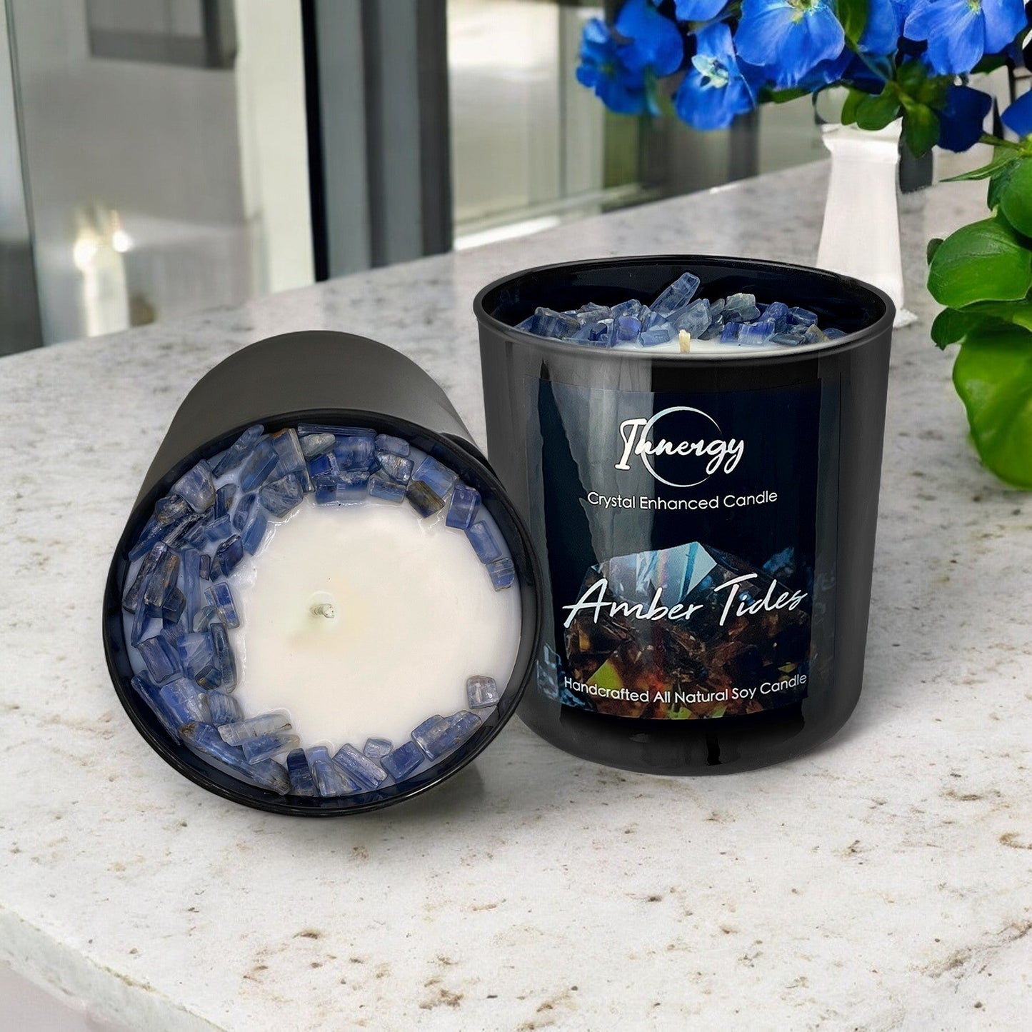 Amber Tides Crystal Candle with Kyanite | Coconut-Soy Wax Candle, 9oz - Tampa Home & Garden Store