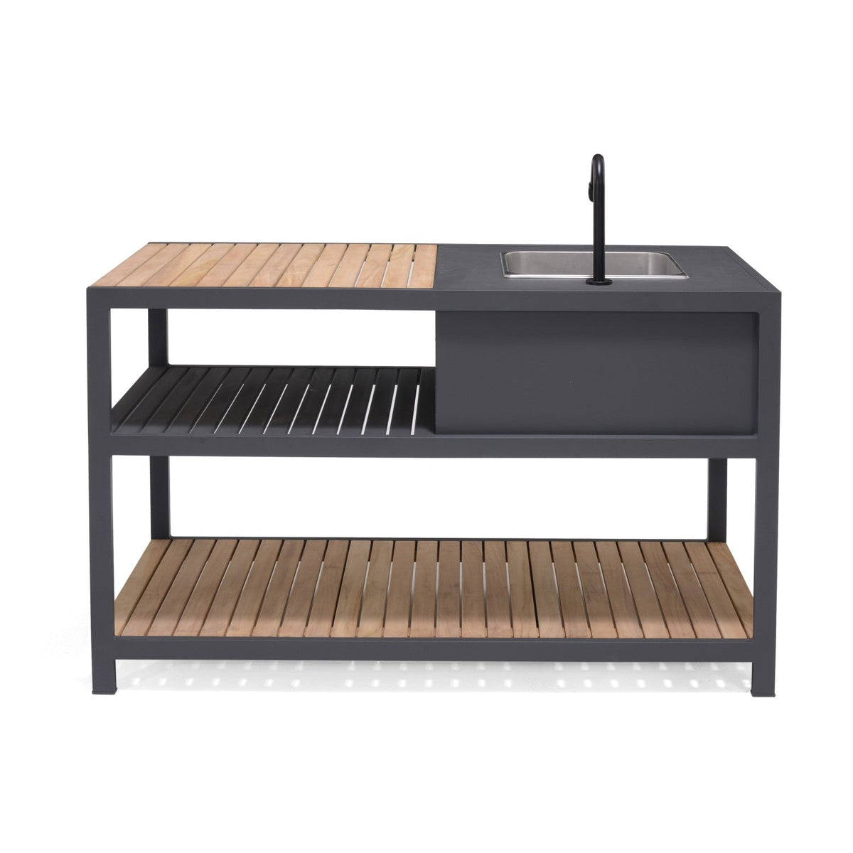 Amber Outdoor Kitchen island with dark gray frame, wood slat counters and built-in sink on Tampa Home & Garden Store