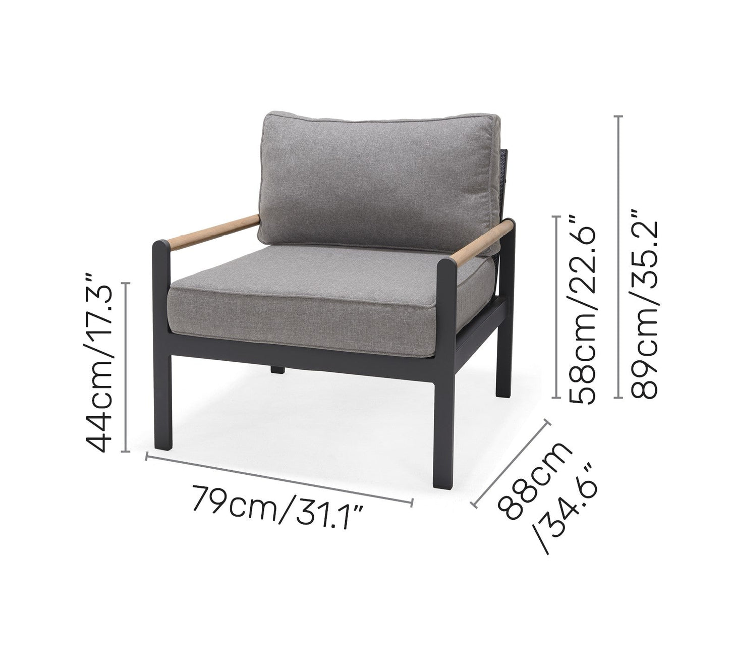 Amber Sectional Coffee Set grey cushions, dark frame, wood arms LifestyleGarden US on Tampa Home & Garden Store