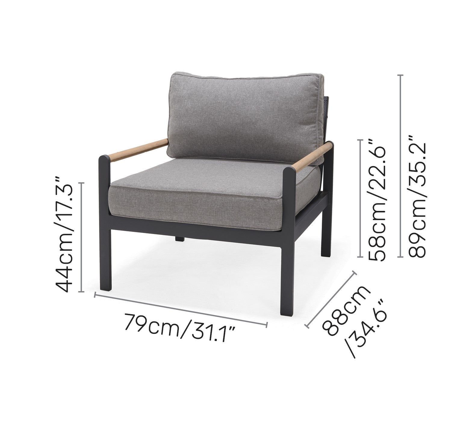 Amber Sectional Coffee Set grey cushions, dark frame, wood arms LifestyleGarden US on Tampa Home & Garden Store