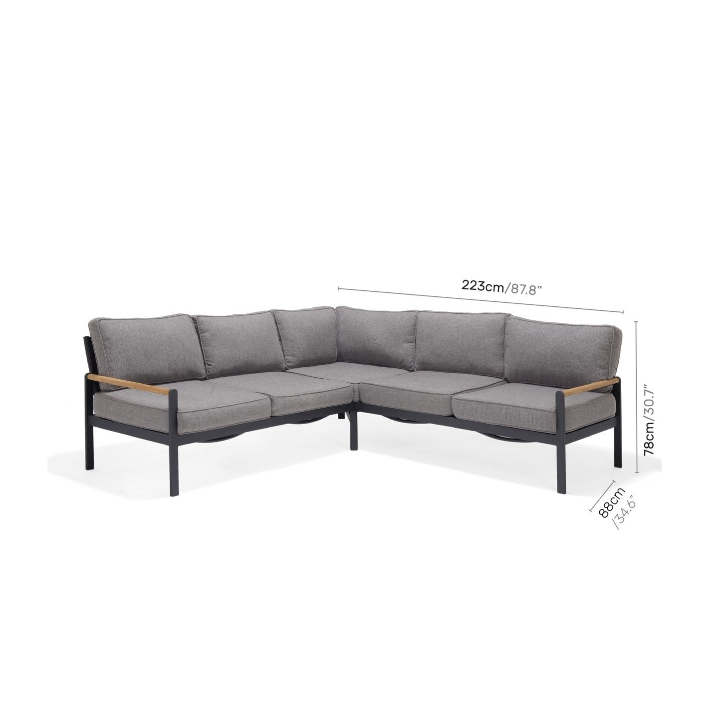 Amber Sectional Coffee Set grey cushions, black frame with wood arms outdoor balcony set on Tampa Home & Garden Store