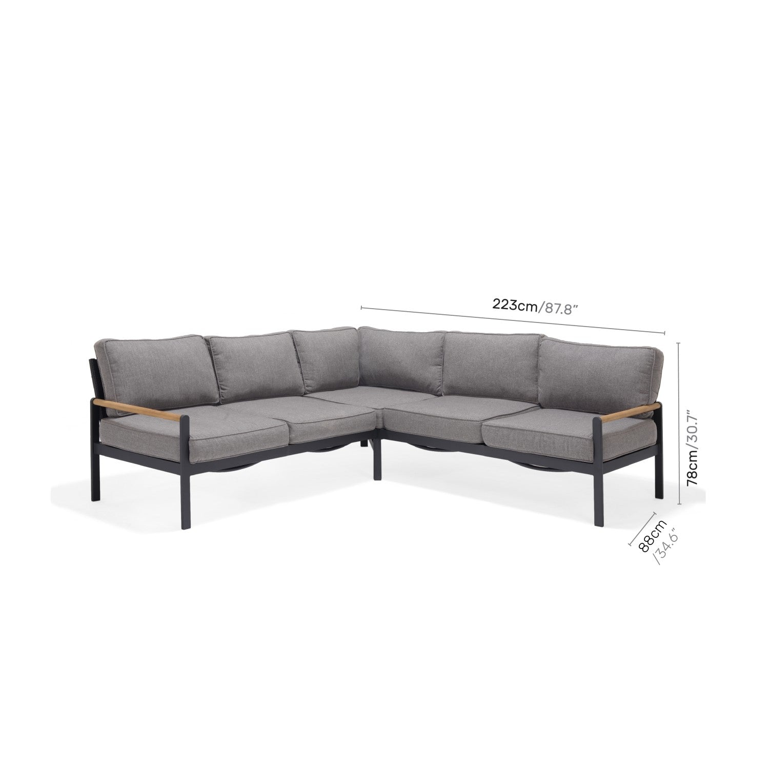 Amber Sectional Coffee Set grey cushions, black frame with wood arms outdoor balcony set on Tampa Home & Garden Store