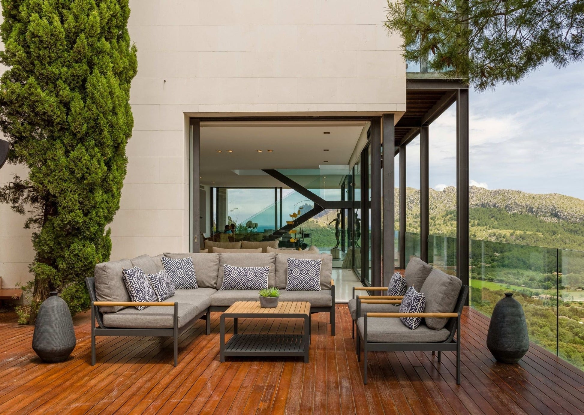 Amber Sectional Coffee Set outdoor balcony furniture with gray cushions and dark metal on Tampa Home & Garden Store
