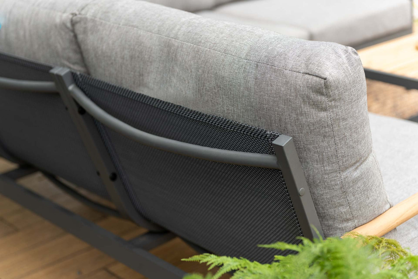 Amber Sectional Coffee Set balcony seating with gray cushions and black metal frame on Tampa Home & Garden Store