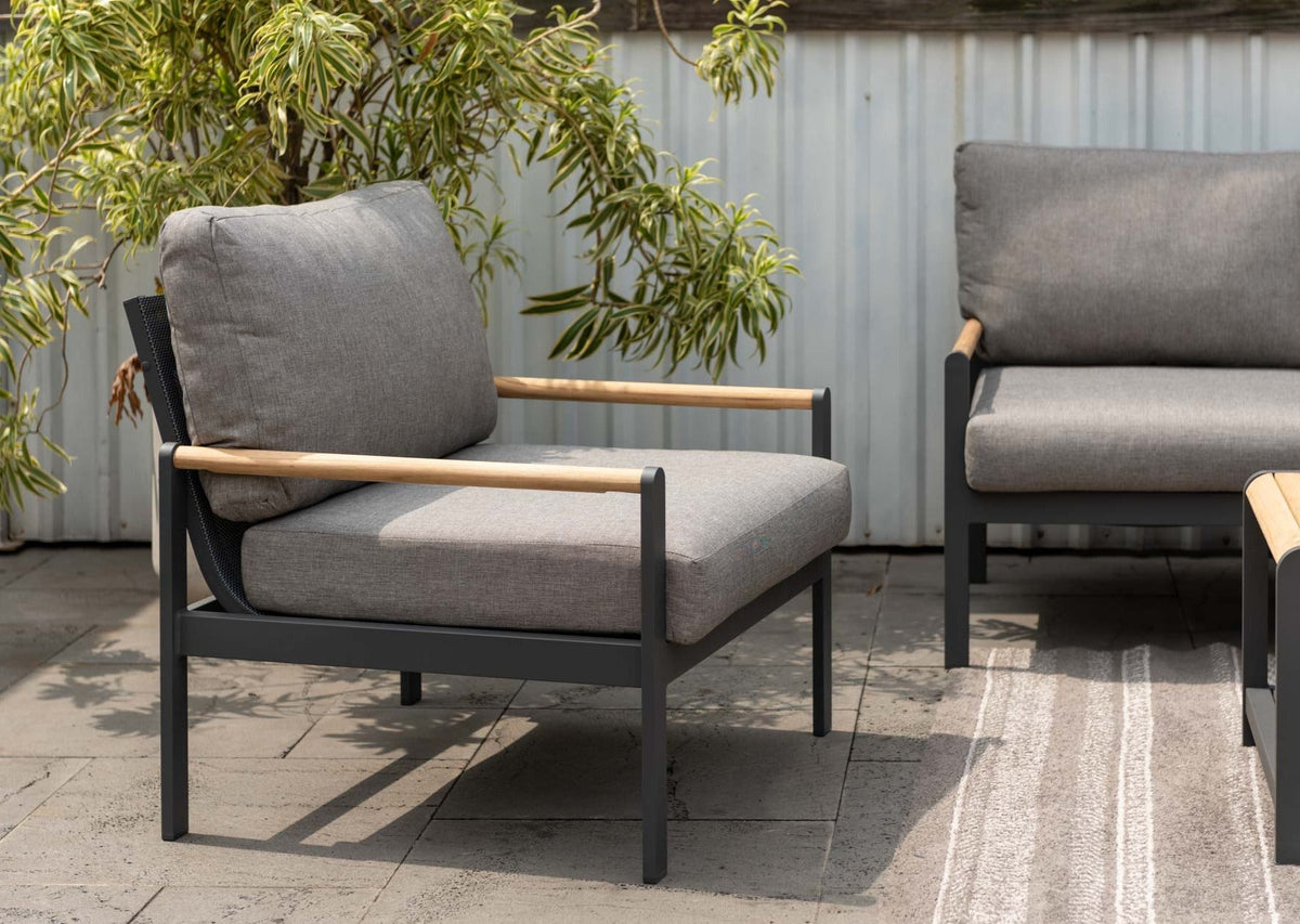 Amber outdoor seating set with teak armrests and dark aluminum frame, grey cushions, 2 pieces on Tampa Home & Garden Store