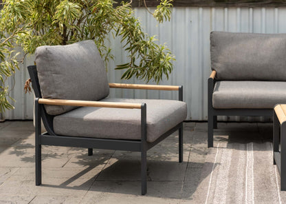 Amber outdoor seating set with teak armrests and dark aluminum frame, grey cushions, 2 pieces on Tampa Home & Garden Store