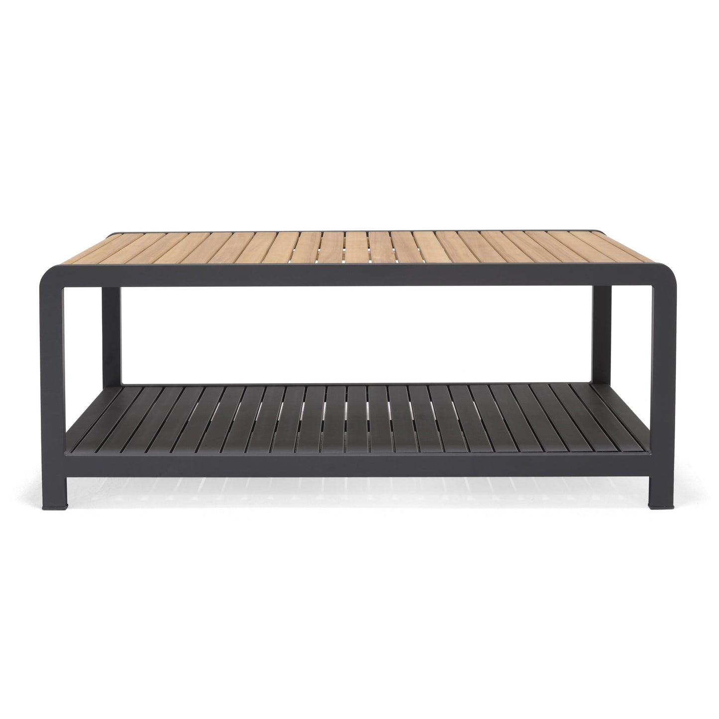 Amber Teak and Aluminum Coffee Table with slatted teak top and black frame by LifestyleGarden US on Tampa Home & Garden Store