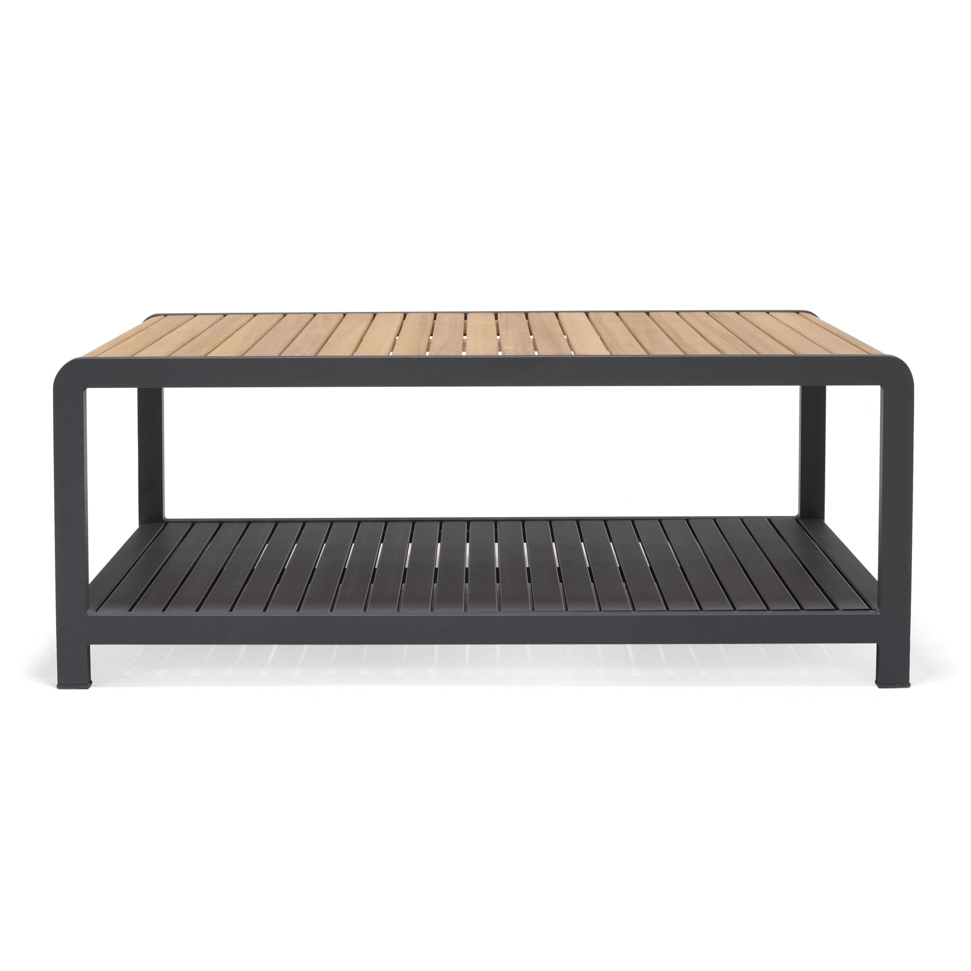 Amber Teak and Aluminum Coffee Table with slatted teak top and black frame by LifestyleGarden US on Tampa Home & Garden Store