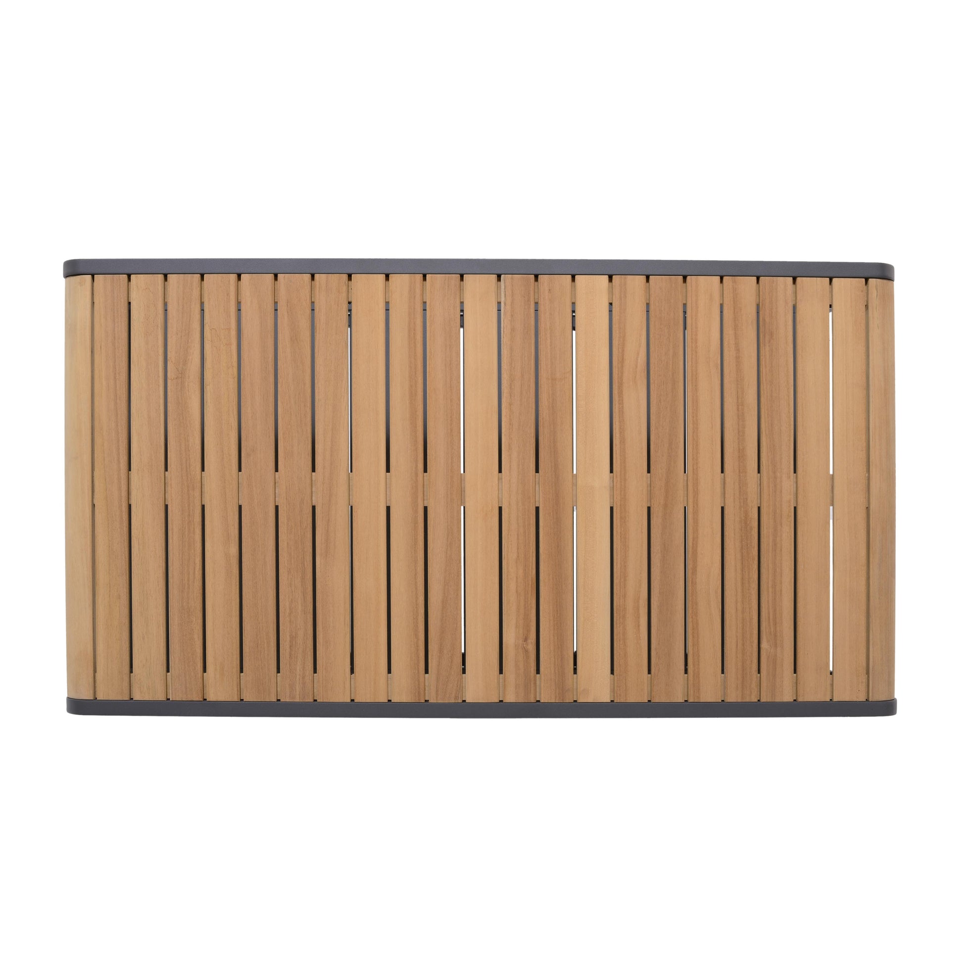 Amber teak and aluminum rectangular coffee table with vertical slat sides and dark gray top on Tampa Home & Garden Store