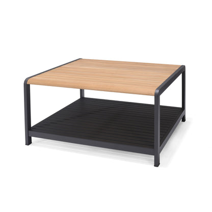 Amber square coffee table with light wood slatted top and lower shelf on dark gray frame on Tampa Home & Garden Store