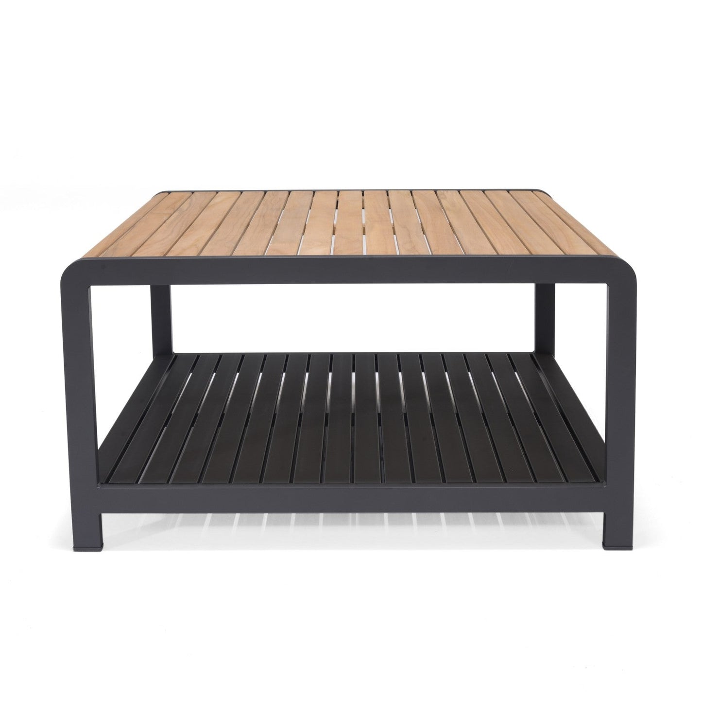 Amber wood slat coffee table with black slatted lower shelf and dark gray metal frame on Tampa Home & Garden Store