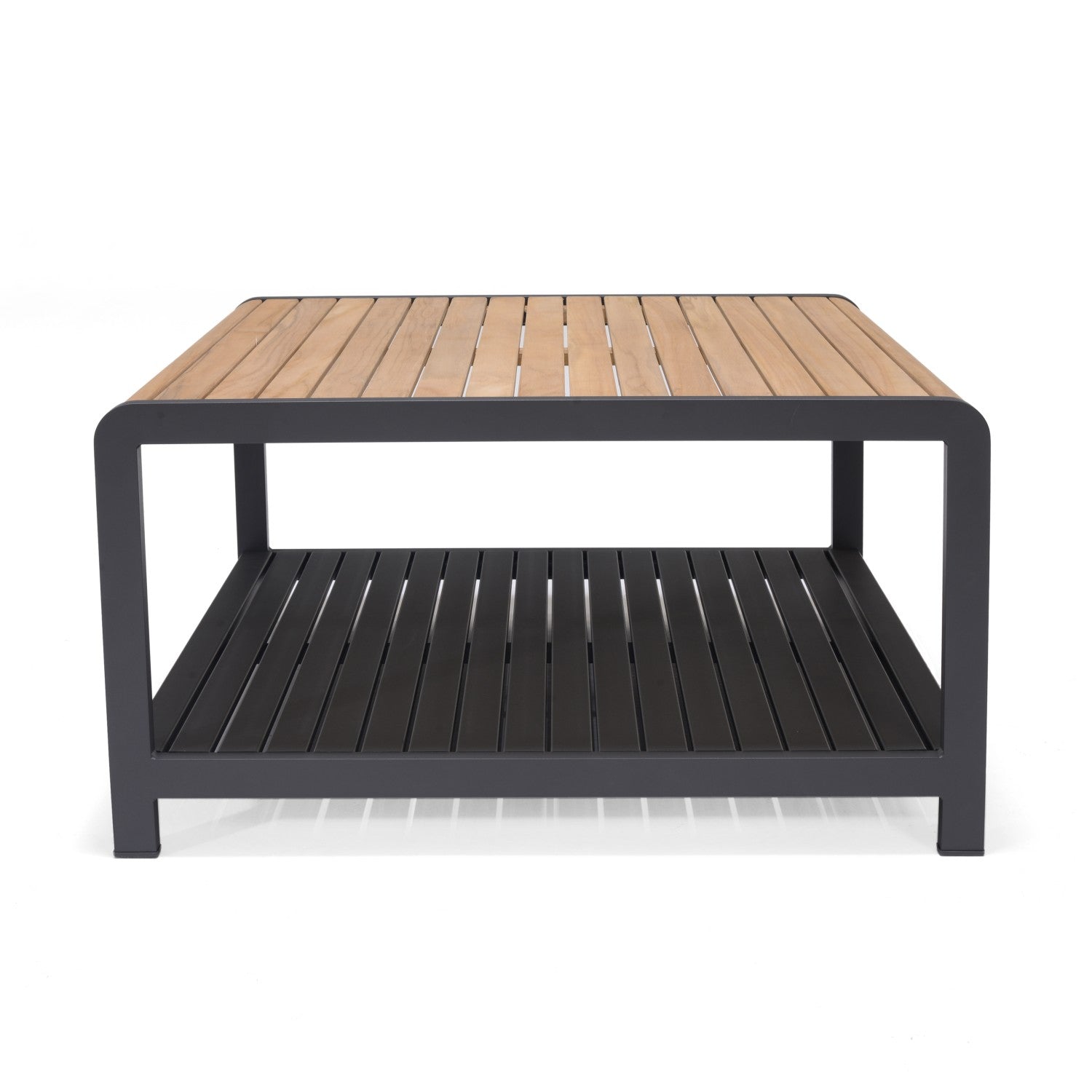 Amber wood slat coffee table with black slatted lower shelf and dark gray metal frame on Tampa Home & Garden Store