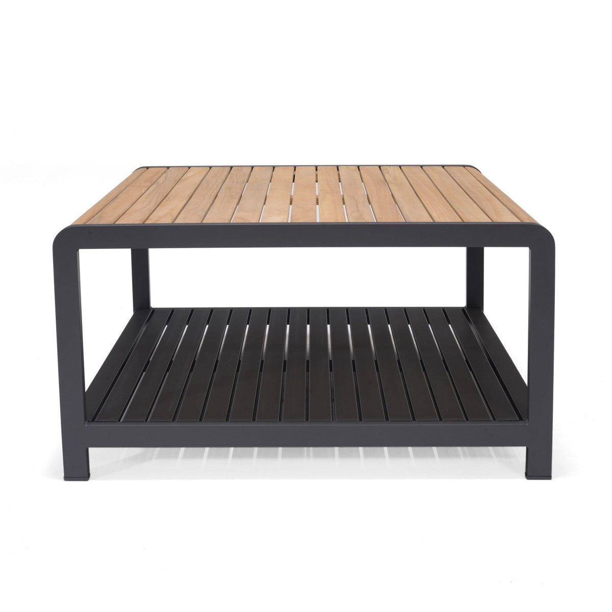 Amber Square Coffee Table with amber wood slat top and dark metal frame, two-tier design on Tampa Home & Garden Store