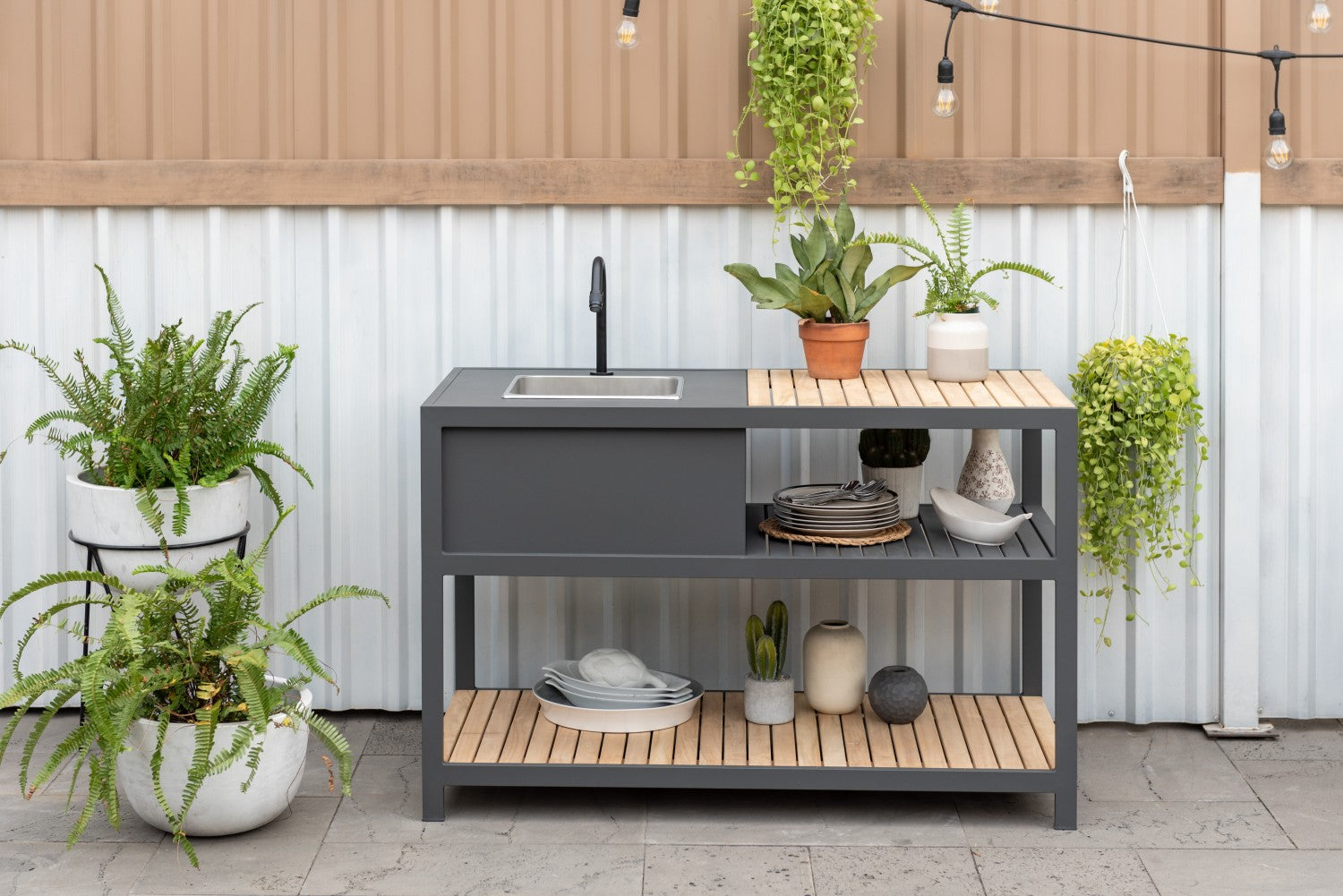 Amber Deluxe Kitchen Corner Set 4pc outdoor island in dark gray with teak slats on Tampa Home & Garden Store