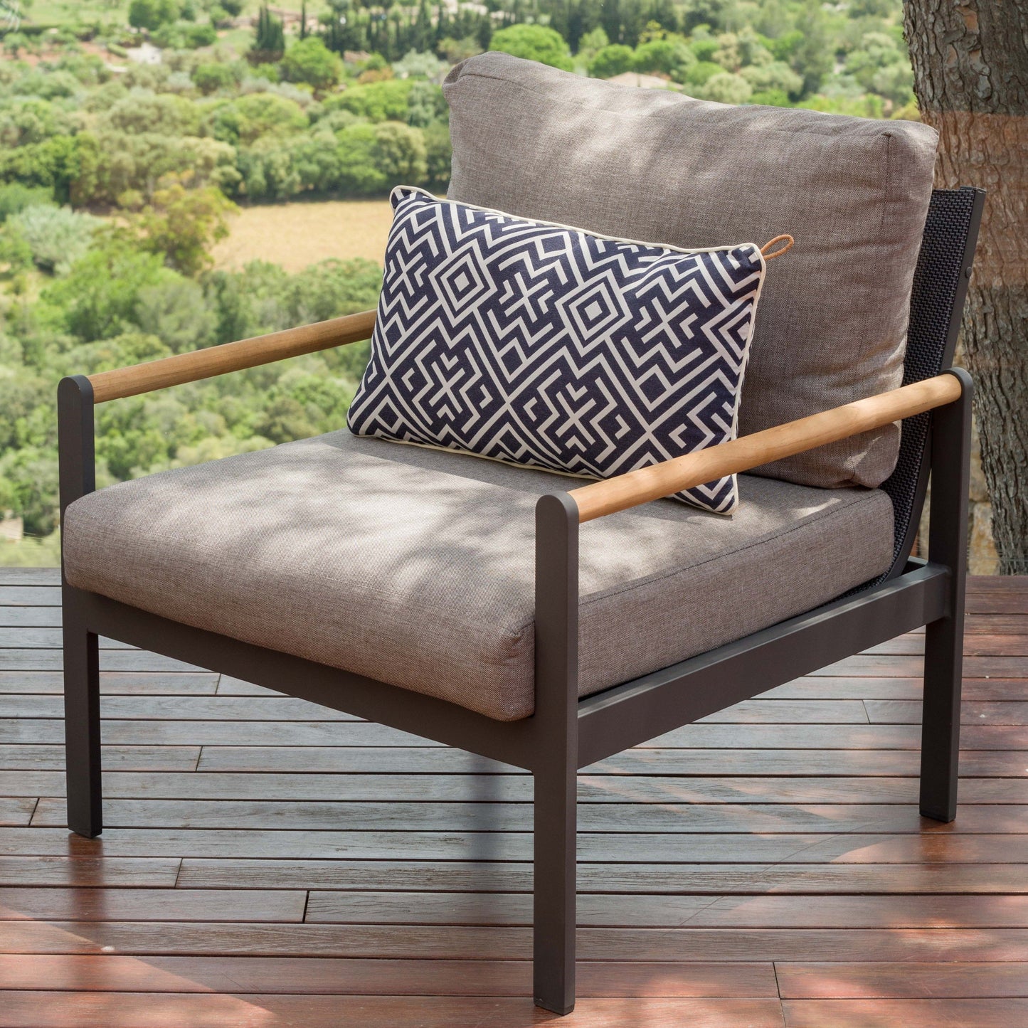 Amber Sofa Teak and Aluminum Chair with gray cushion and navy geometric pillow, LifestyleGarden US outdoor seating on Tampa Home & Garden Store