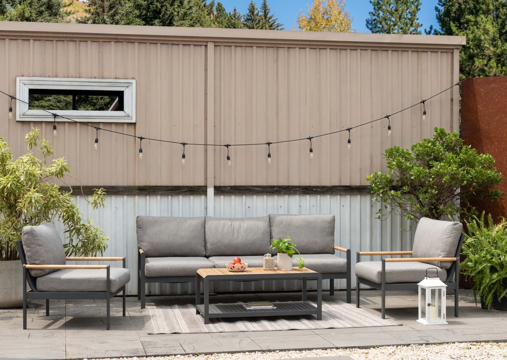 Amber Sectional Coffee Set with gray frames and taupe cushions, sofa+chairs+coffee table on Tampa Home & Garden Store