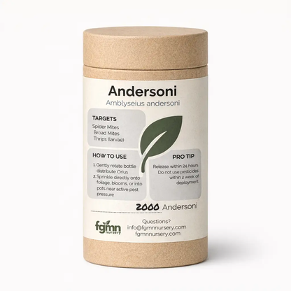 Amblyseius andersoni mite control bottle, kraft-tube packaging, FGMN Nursery on Tampa Home & Garden Store