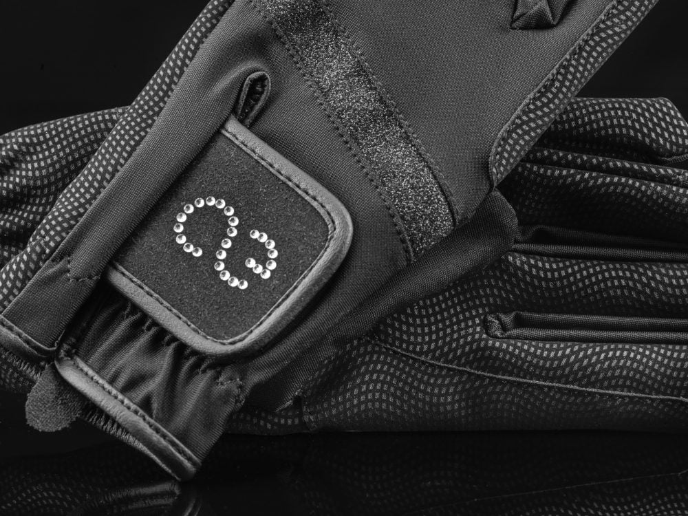 American Equus Crystal Edition Riding Gloves, black with rhinestone CE patch and Velcro cuff on Tampa Home & Garden Store