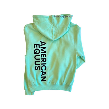 American Equus Puffy Signature Fleece Hoodie mint green with vertical AMERICAN EQUUS logo on Tampa Home & Garden Store