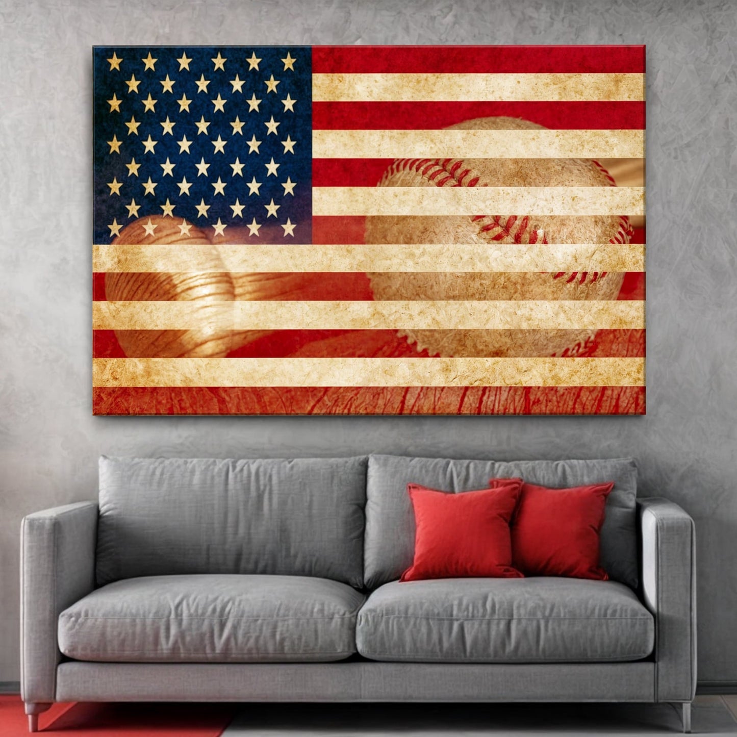 American Pastime sport wall art canvas by Tailored Canvases with aged flag and baseball motif on Tampa Home & Garden Store