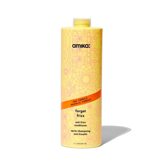 amika Forget Frizz anti-frizz conditioner bottle, bright yellow with pink pattern, 1L on Tampa Home & Garden Store