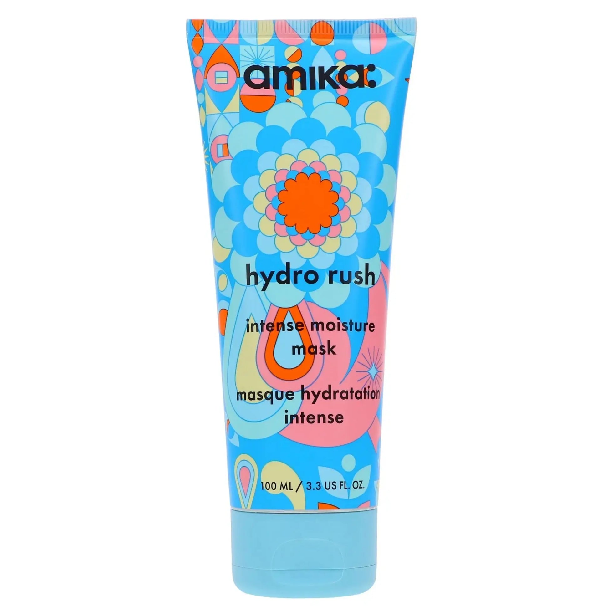Amika Hydro Rush Intense Moisture Hair Mask with Hyaluronic Acid tube in bright blue with colorful floral pattern on Tampa Home & Garden Store