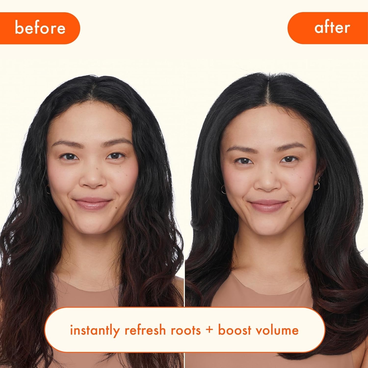 Amika Perk Up Talc-Free Dry Shampoo by Nava Beauty; before/after portrait shows shinier, fuller dark hair on Tampa Home & Garden Store