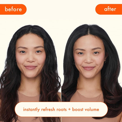 Amika Perk Up Talc-Free Dry Shampoo by Nava Beauty; before/after portrait shows shinier, fuller dark hair on Tampa Home & Garden Store