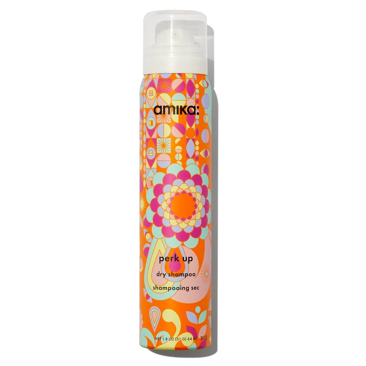 Amika Perk Up talc-free dry shampoo bottle with orange psychedelic pattern and white pump on Tampa Home & Garden Store