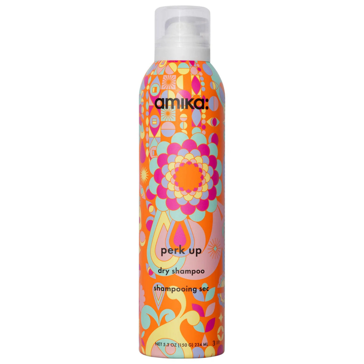Amika Perk Up talc-free dry shampoo bottle with orange pink blue pattern 5.3 oz on Tampa Home & Garden Store