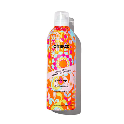 Amika Perk Up talc-free dry shampoo bottle with vibrant orange pink floral pattern on Tampa Home & Garden Store