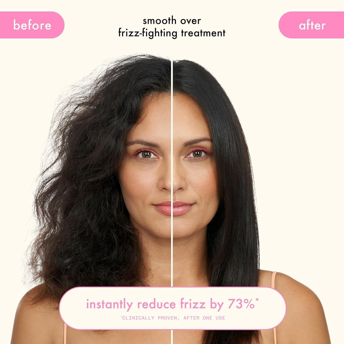 Amika Smooth Over Frizz-Fighting Treatment Mask 6.7 Oz, before–after frizz to sleek hair on Tampa Home & Garden Store