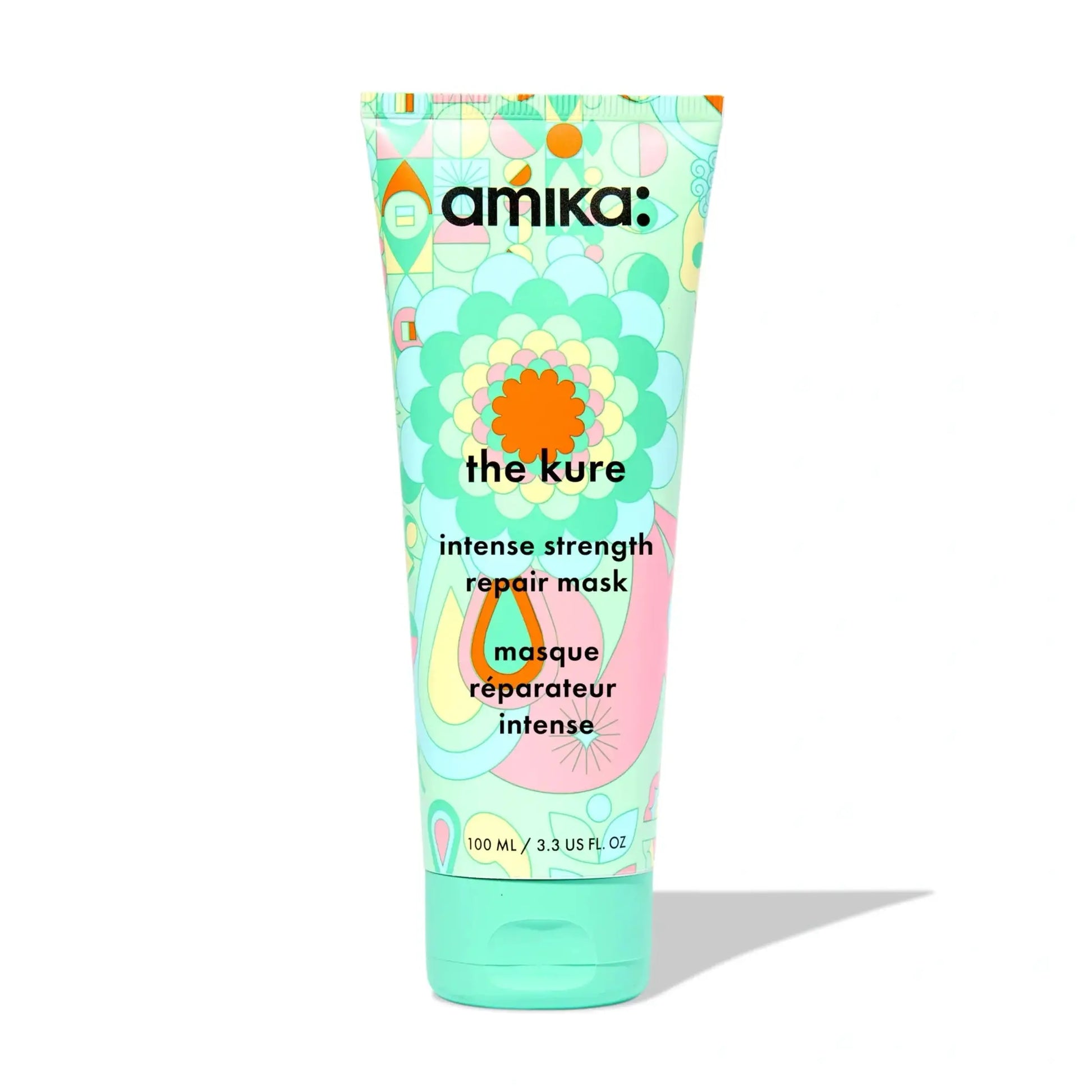 Amika The Kure Intense Bond Repair Mask tube with colorful geometric floral pattern hair care on Tampa Home & Garden Store