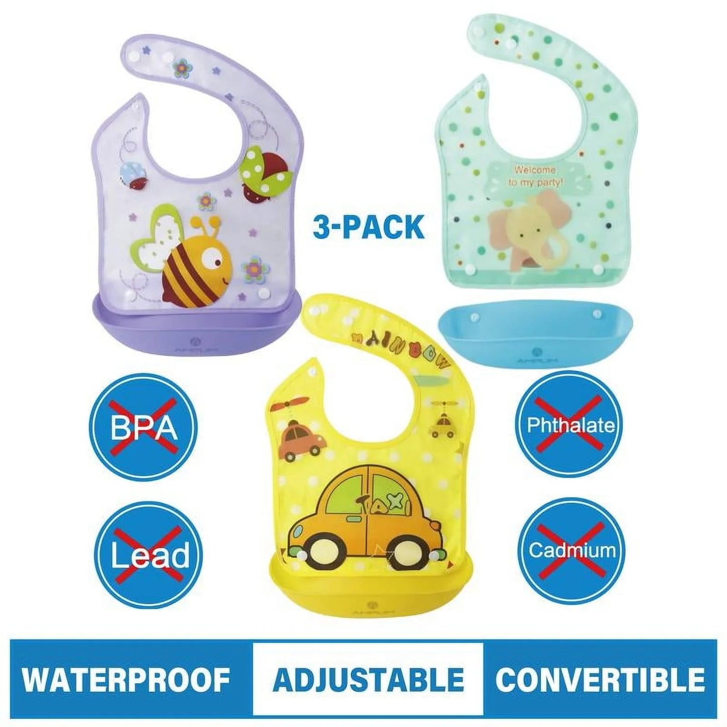 Amplim Convertible Baby Feeding Bibs 3-Pack – Waterproof, Adjustable, Lightweight, Eco-Friendly PEVA & LDPE, BPA-Free for Babies & Toddlers - Tampa Home & Garden Store