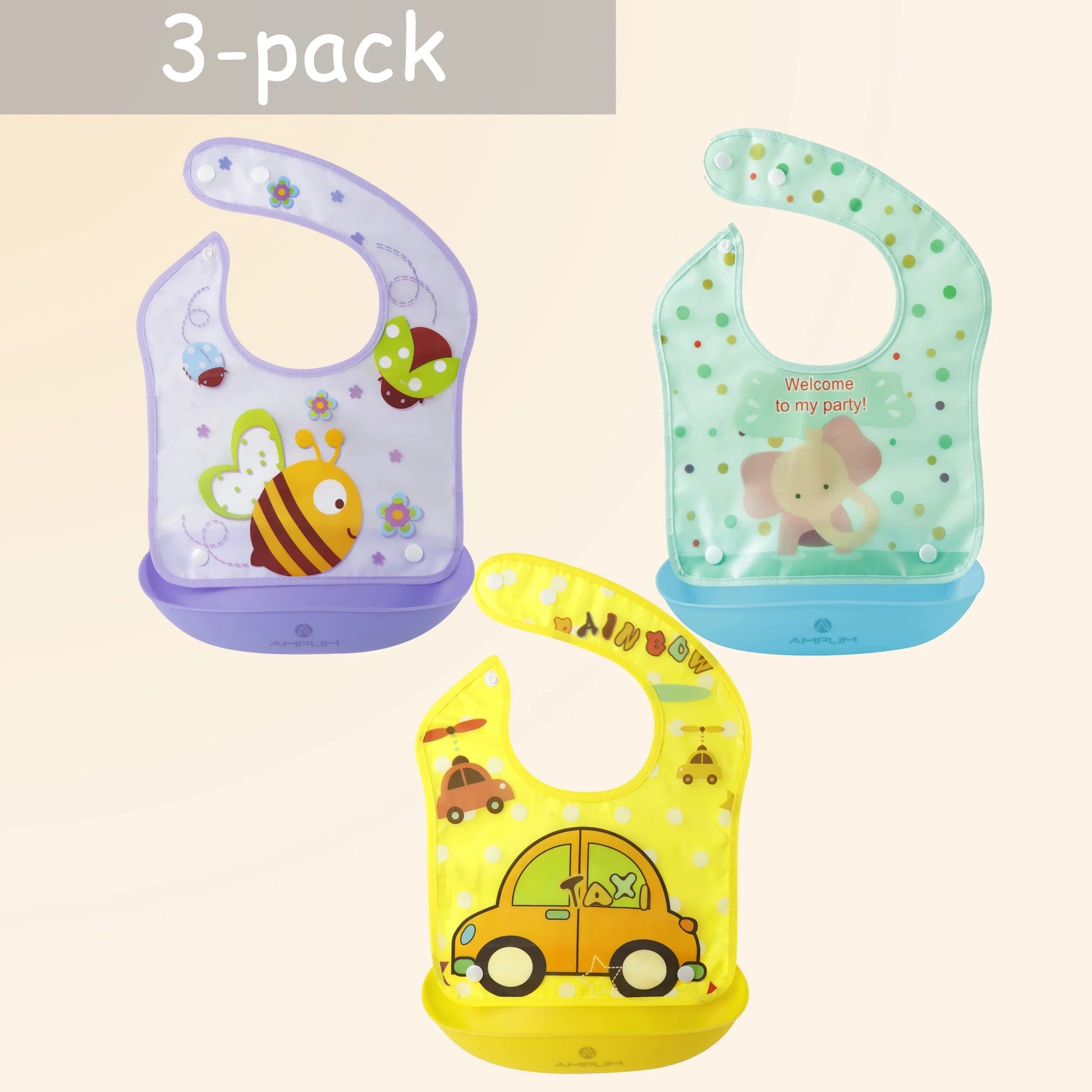 Amplim Convertible Baby Feeding Bibs 3-Pack – Waterproof, Adjustable, Lightweight, Eco-Friendly PEVA & LDPE, BPA-Free for Babies & Toddlers - Tampa Home & Garden Store