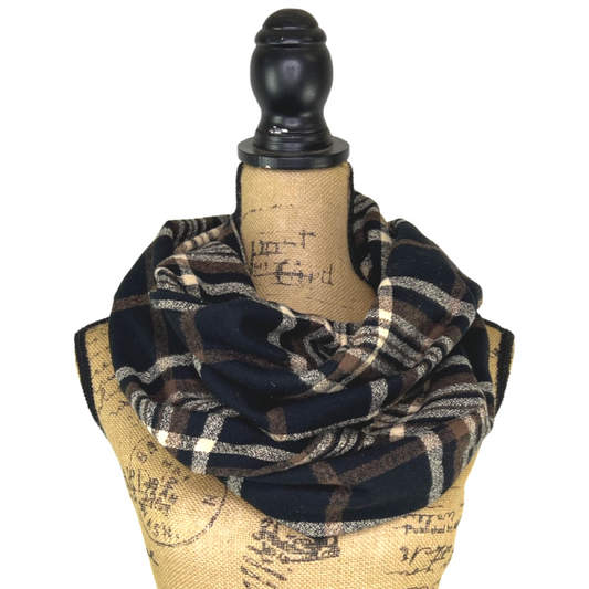 An Autumn Evening Plaid - Deep Rich Tones of Black, Milk Chocolate and Creamy White Plaid Flannel Infinity or Blanket Scarf - Tampa Home & Garden Store